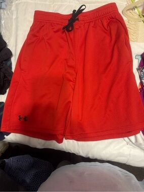 Under Armour Men’s Red Athletic Mesh Shorts with Black Drawstring